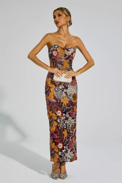 Eddie Red Flower Embroidered Maxi Dress