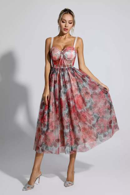 Wagner Red Floral Midi Dress