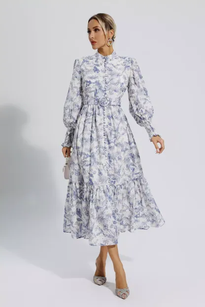 Dennis Blue Floral Long Sleeve Maxi Dress