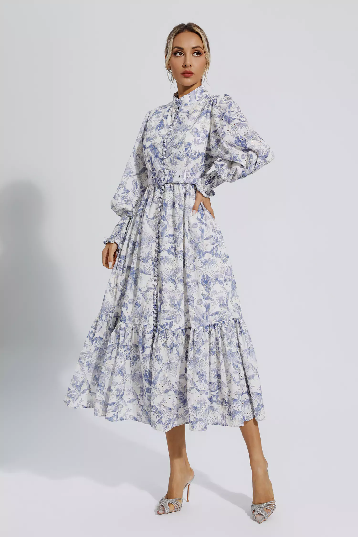 Dennis Blue Floral Long Sleeve Maxi Dress