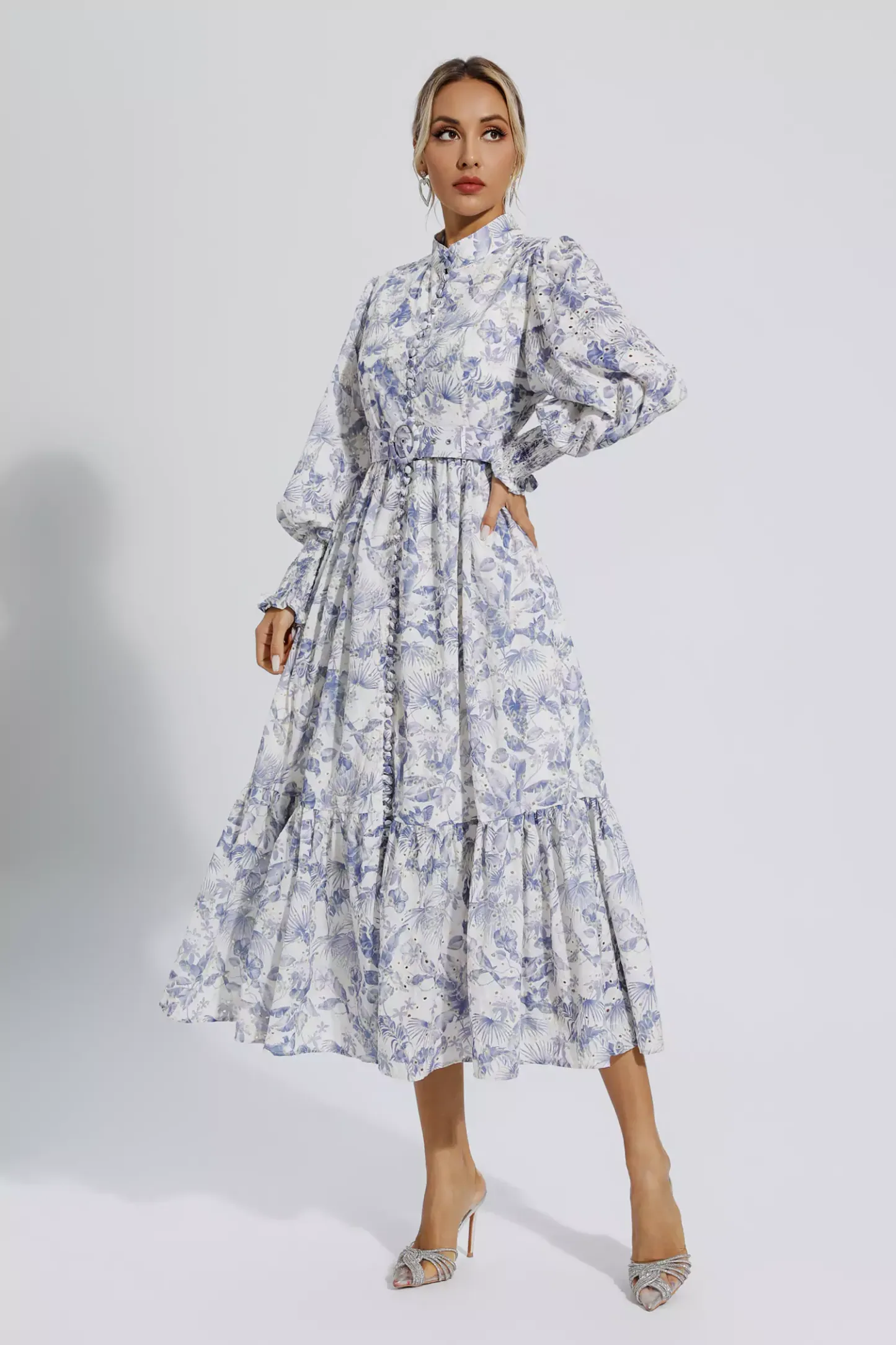 Dennis Blue Floral Long Sleeve Maxi Dress