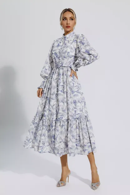 Dennis Blue Floral Long Sleeve Maxi Dress