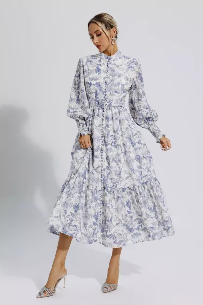 Dennis Blue Floral Long Sleeve Maxi Dress