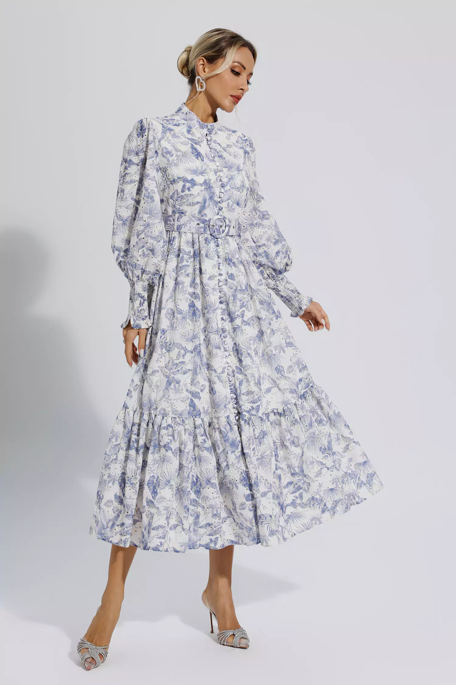Dennis Blue Floral Long Sleeve Maxi Dress
