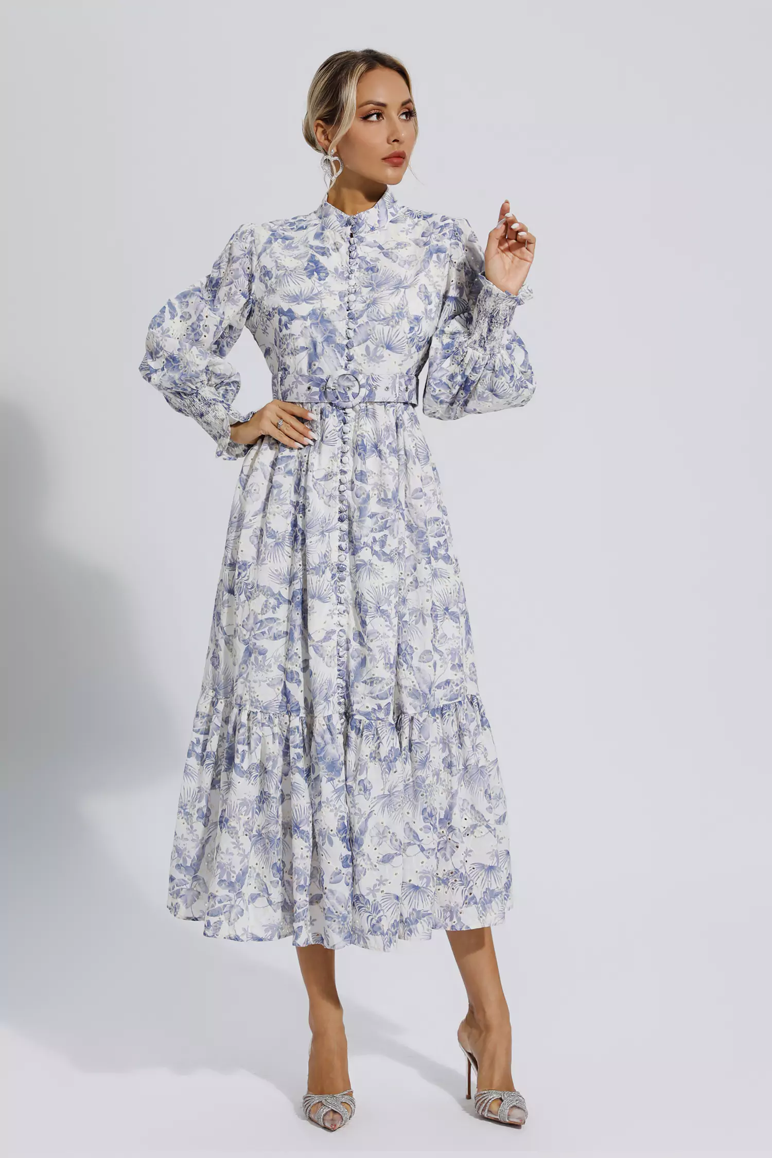 Dennis Blue Floral Long Sleeve Maxi Dress