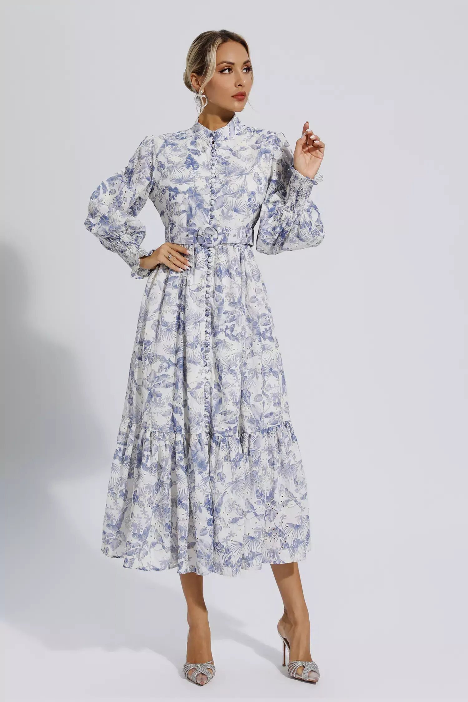 Dennis Blue Floral Long Sleeve Maxi Dress