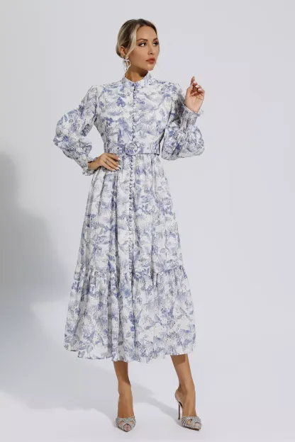 Dennis Blue Floral Long Sleeve Maxi Dress