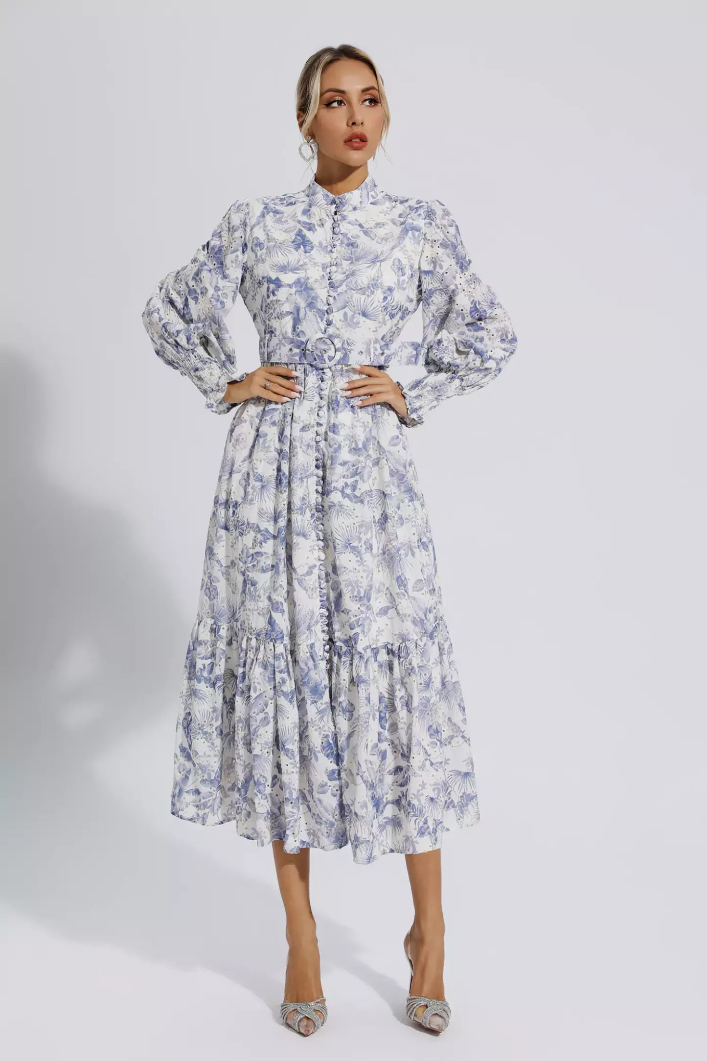 Dennis Blue Floral Long Sleeve Maxi Dress