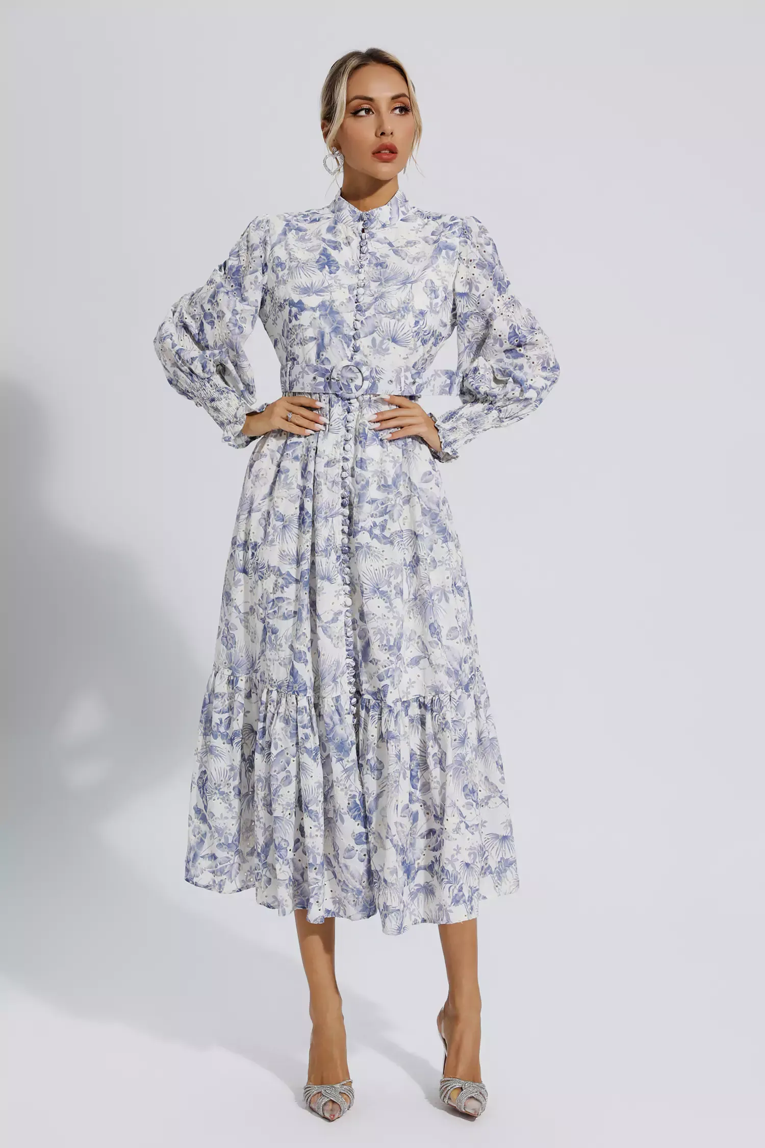 Dennis Blue Floral Long Sleeve Maxi Dress