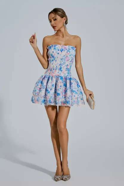 Locke Blue Floral Ruched Mini Dress