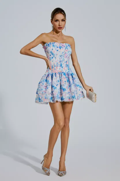 Locke Blue Floral Ruched Mini Dress