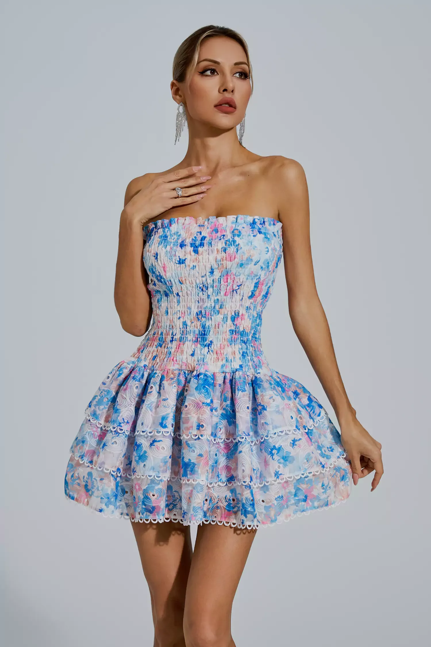 Locke Blue Floral Ruched Mini Dress