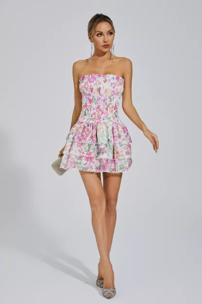 Locke White Floral Ruched Mini Dress
