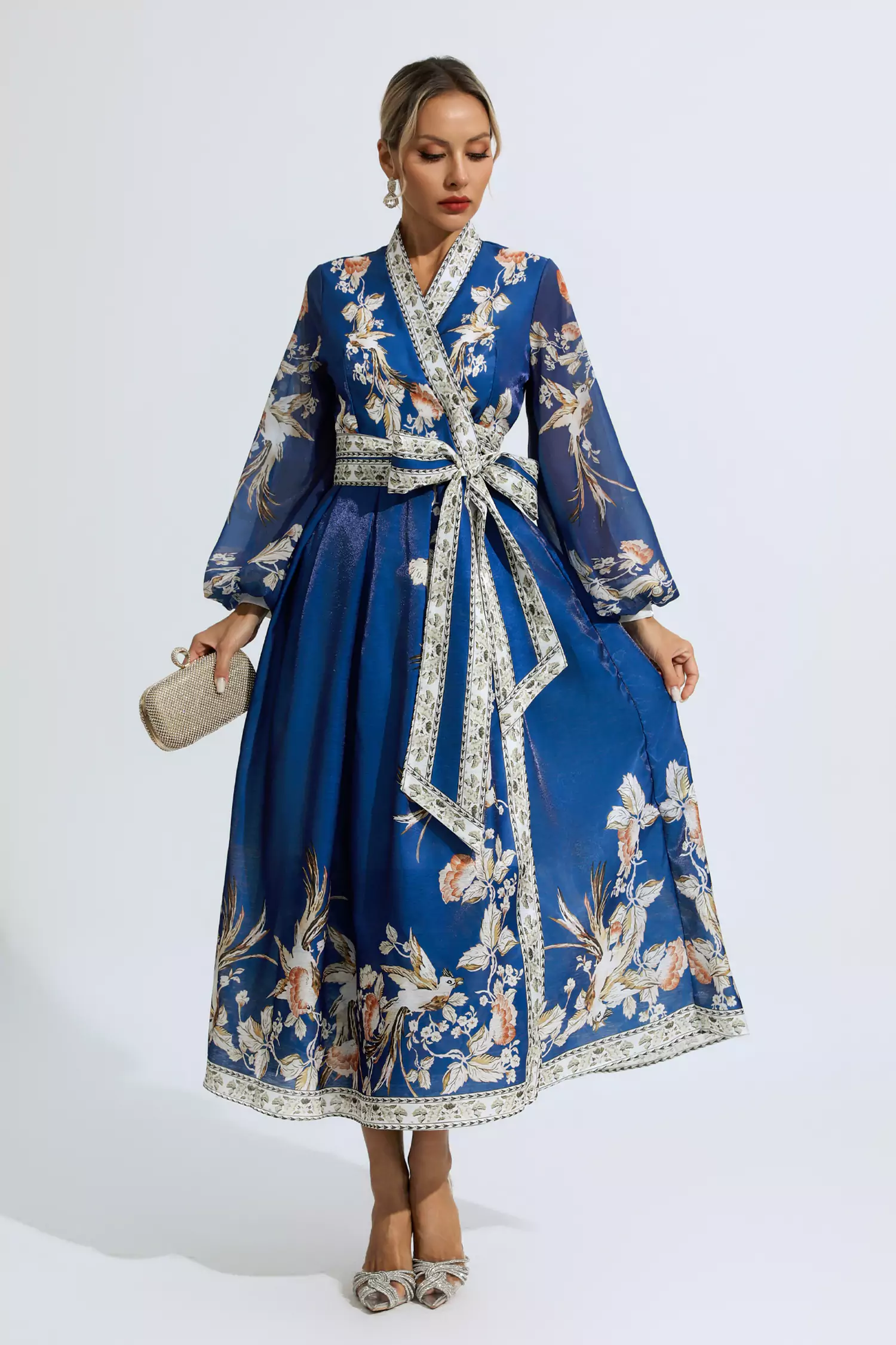 Olga Blue Floral Belted Long Sleeve Dress