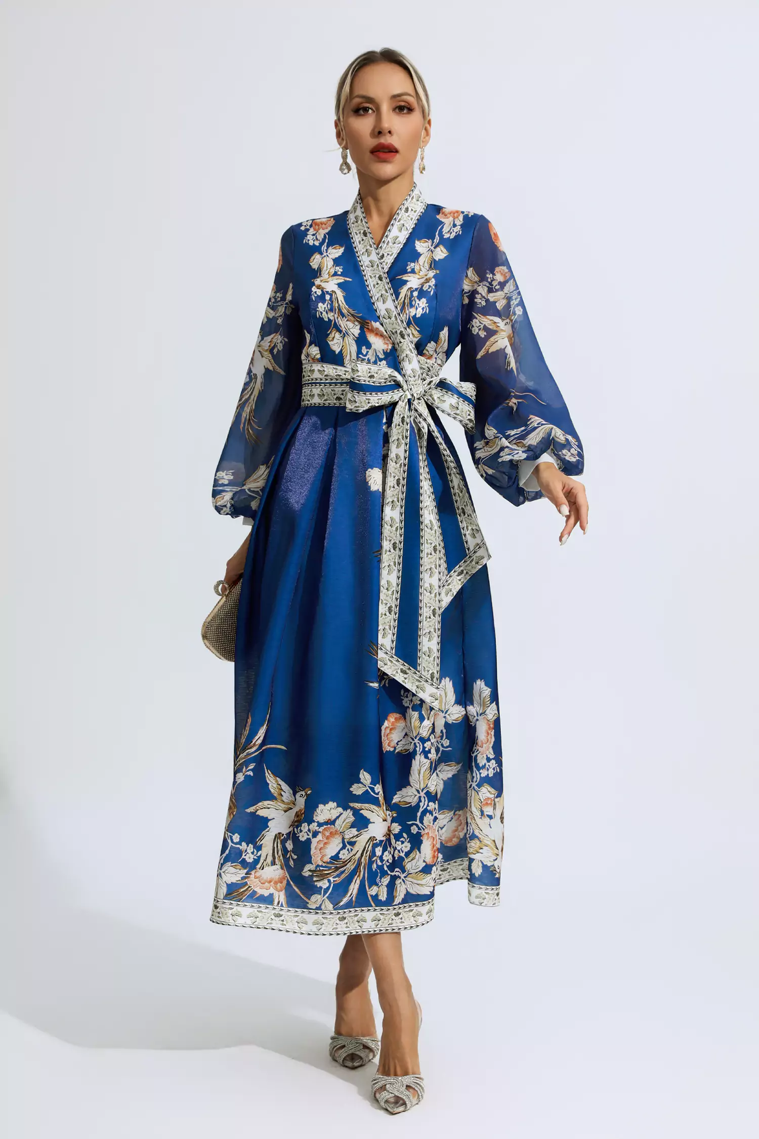Olga Blue Floral Belted Long Sleeve Dress