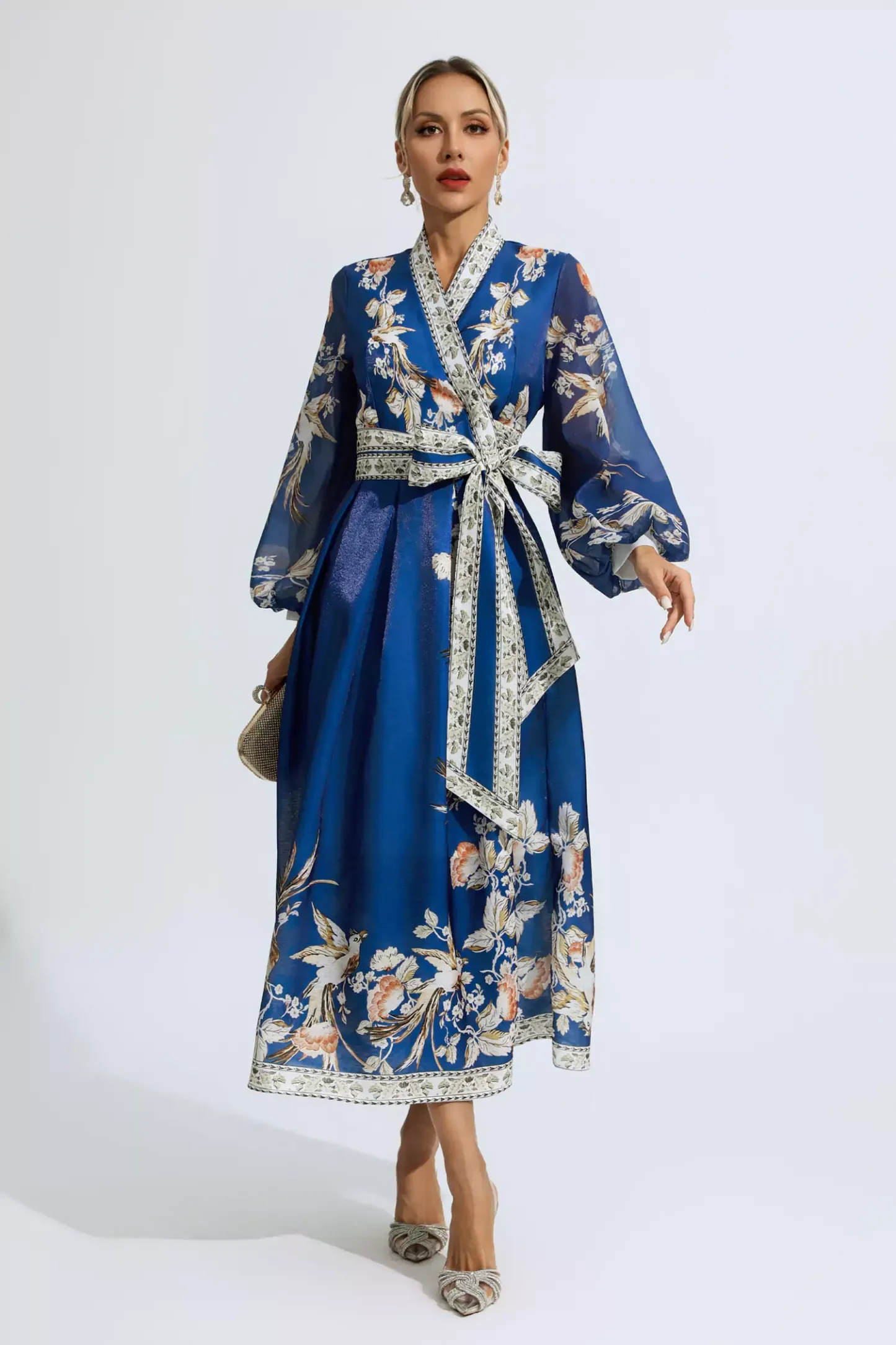 Olga Blue Floral Belted Long Sleeve Dress
