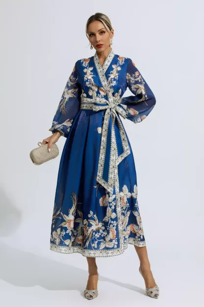 Olga Blue Floral Belted Long Sleeve Dress