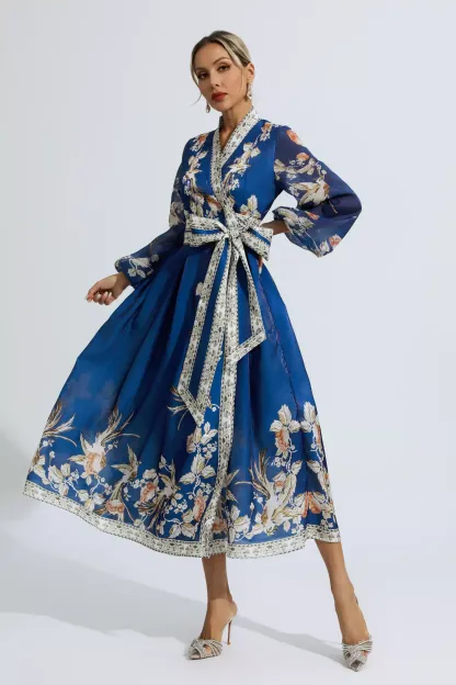 Olga Blue Floral Belted Long Sleeve Dress