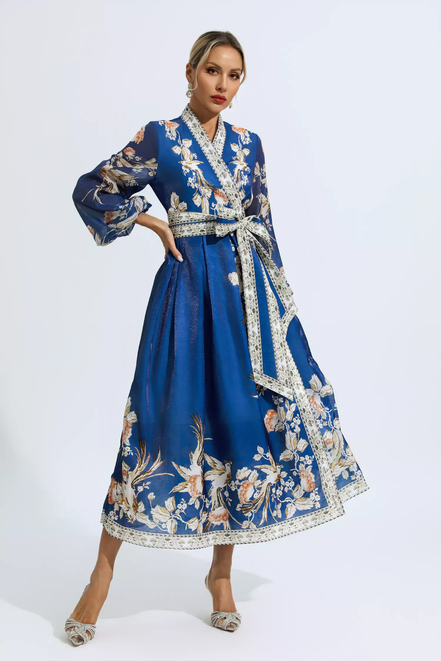 Olga Blue Floral Belted Long Sleeve Dress