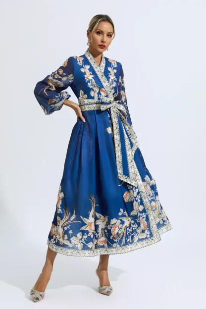 Olga Blue Floral Belted Long Sleeve Dress