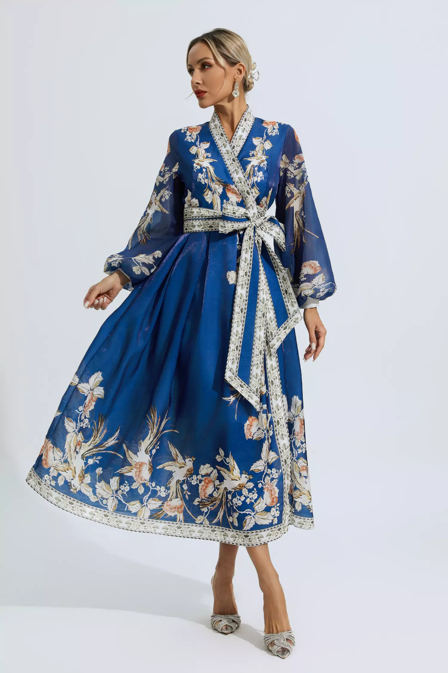 Olga Blue Floral Belted Long Sleeve Dress