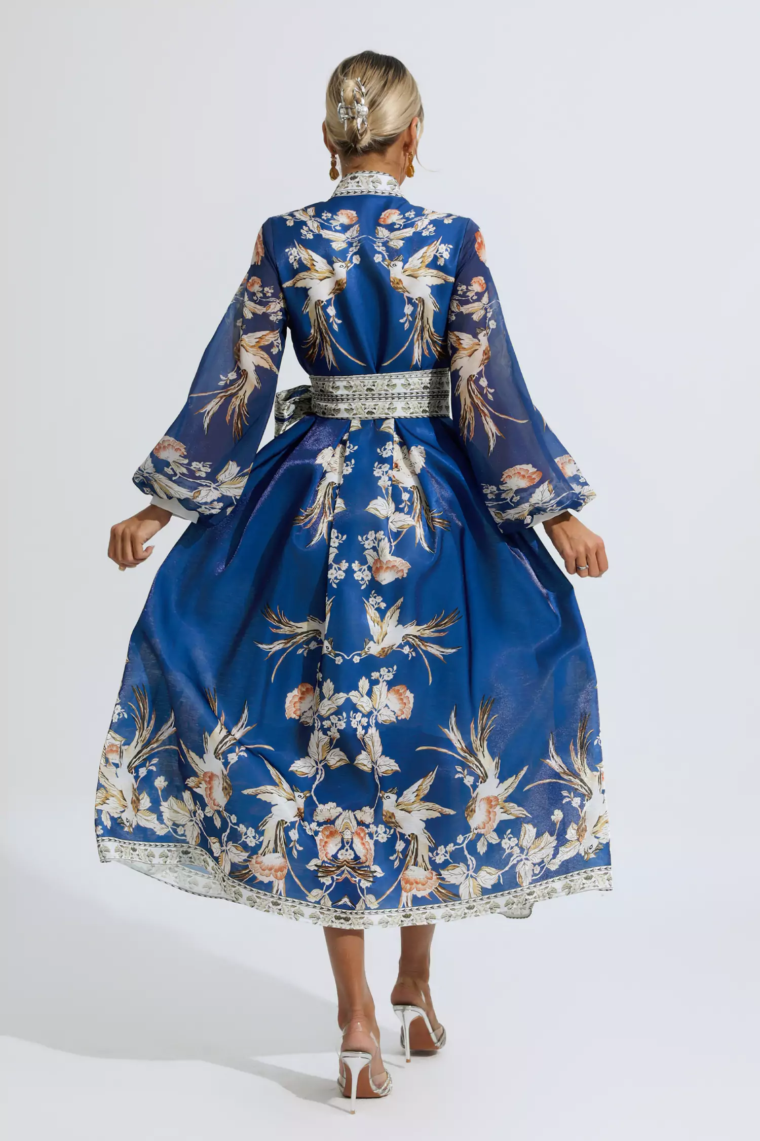 Olga Blue Floral Belted Long Sleeve Dress