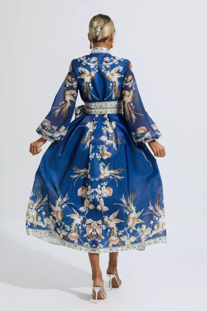Olga Blue Floral Belted Long Sleeve Dress