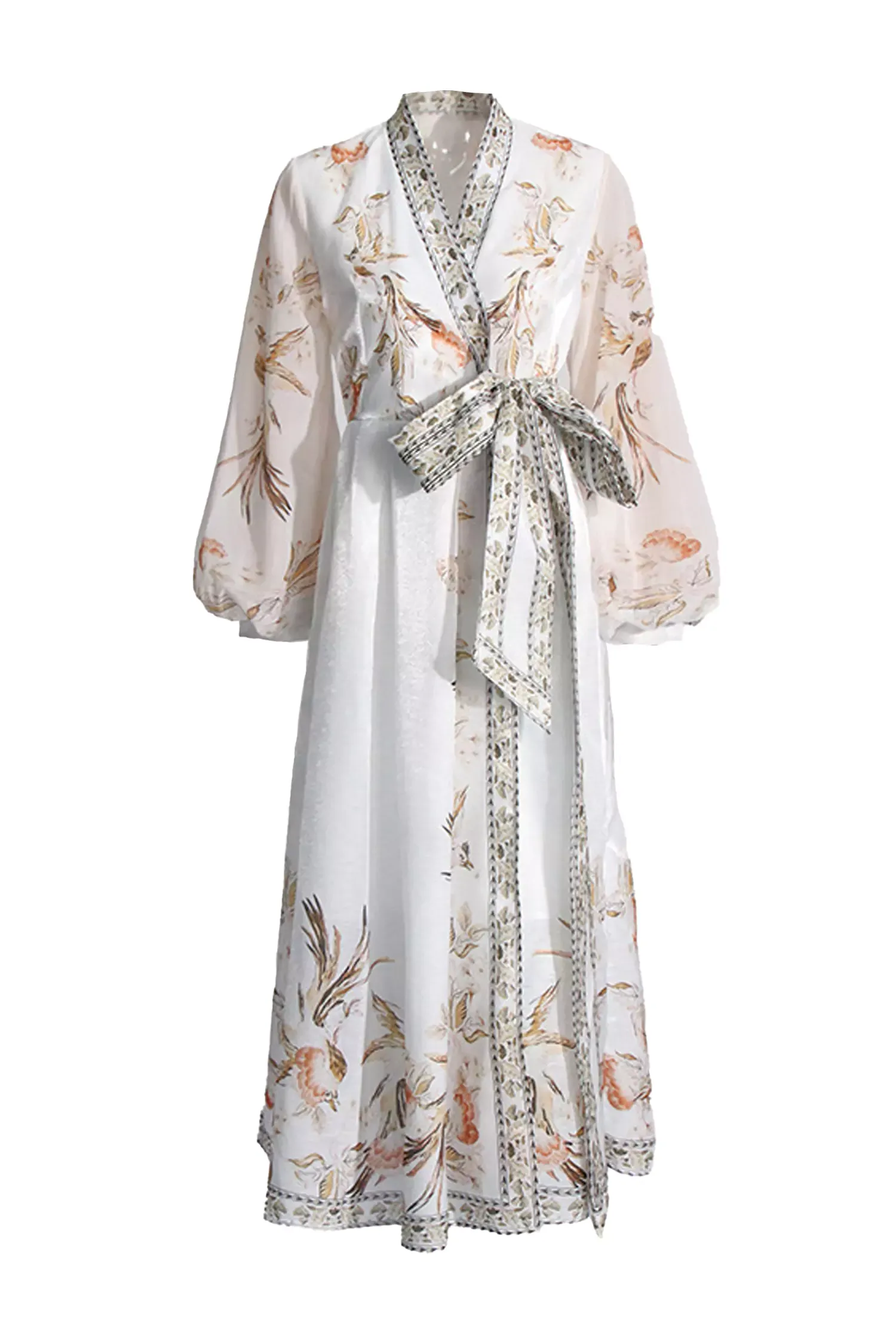 Olga White Floral Belted Long Sleeve Dress