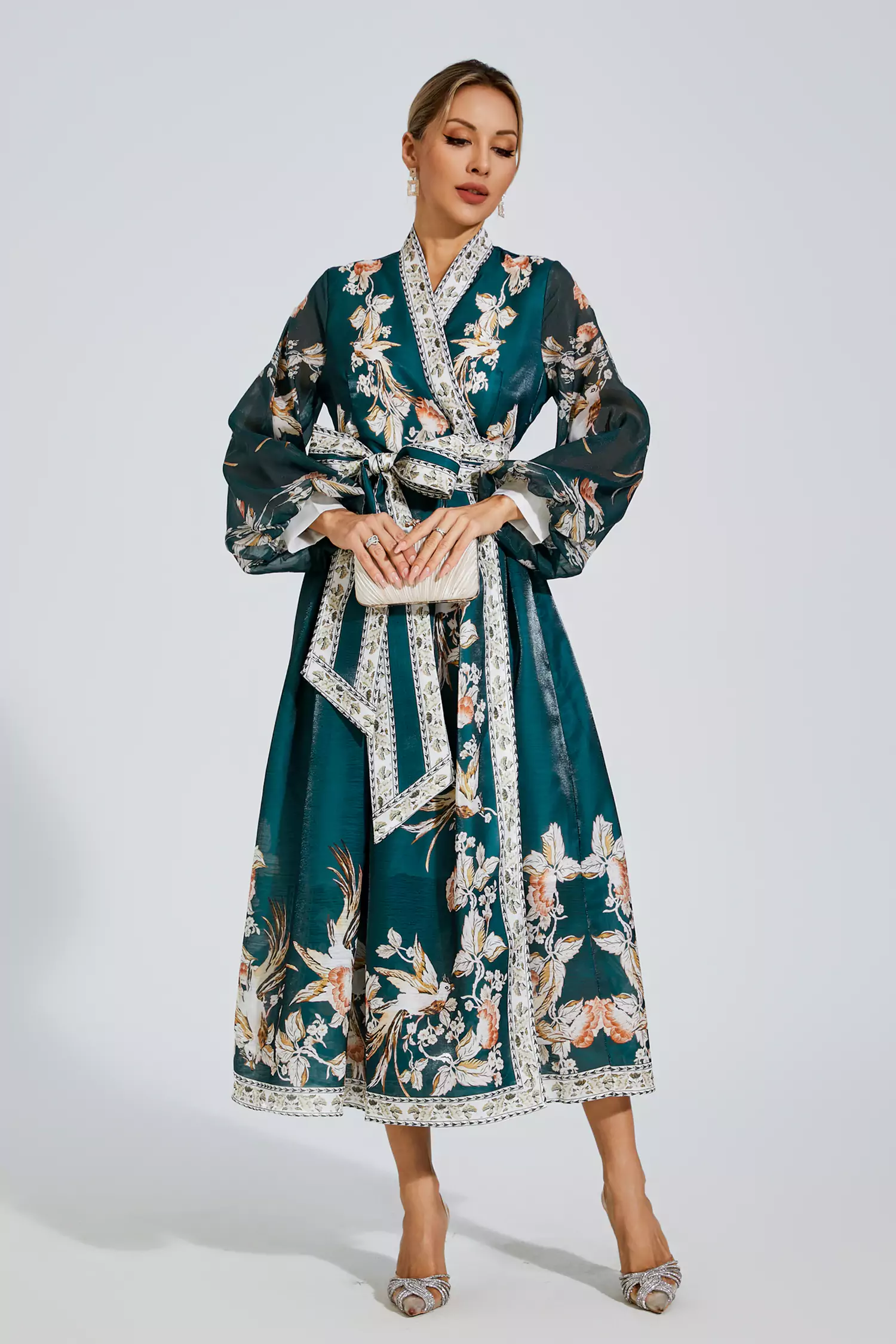 Olga Green Floral Belted Long Sleeve Dress