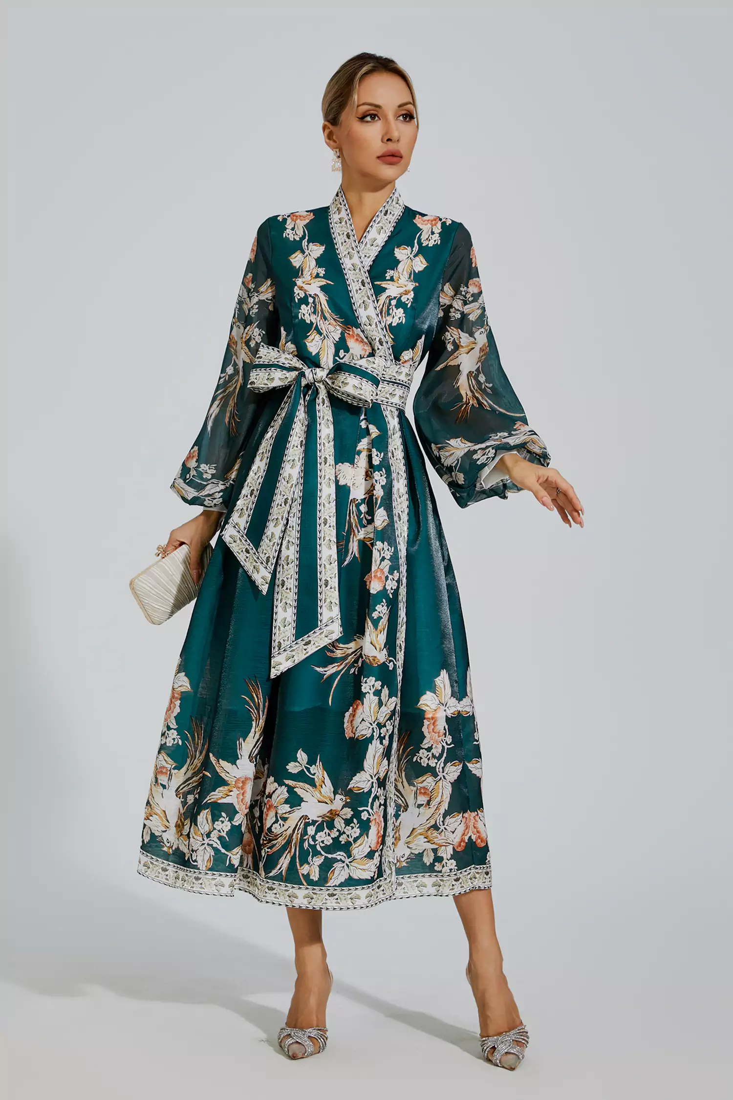 Olga Green Floral Belted Long Sleeve Dress