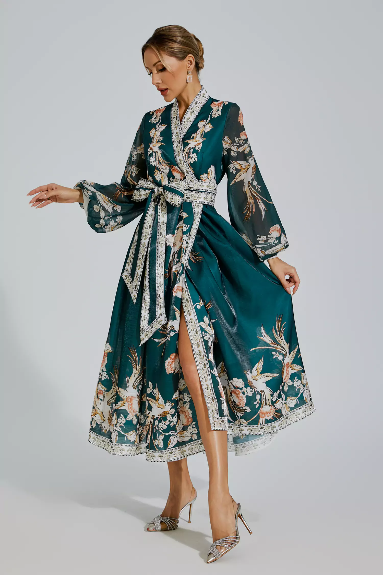 Olga Green Floral Belted Long Sleeve Dress