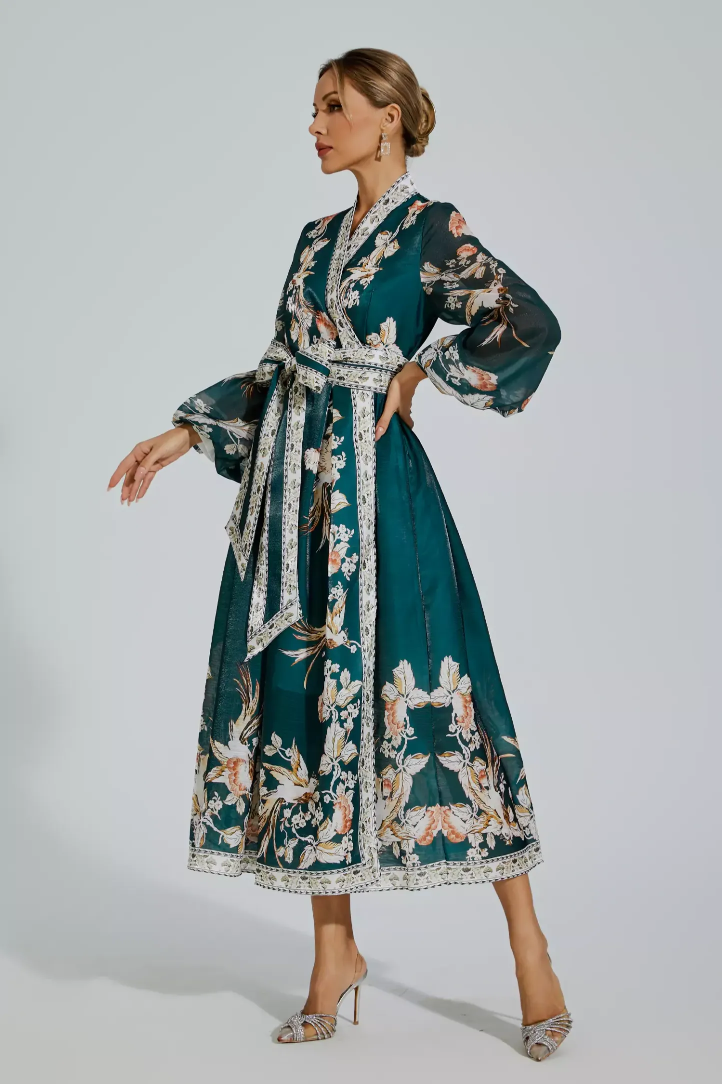 Olga Green Floral Belted Long Sleeve Dress