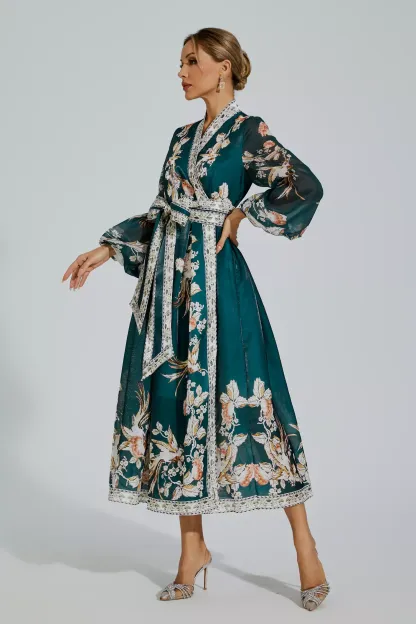 Olga Green Floral Belted Long Sleeve Dress