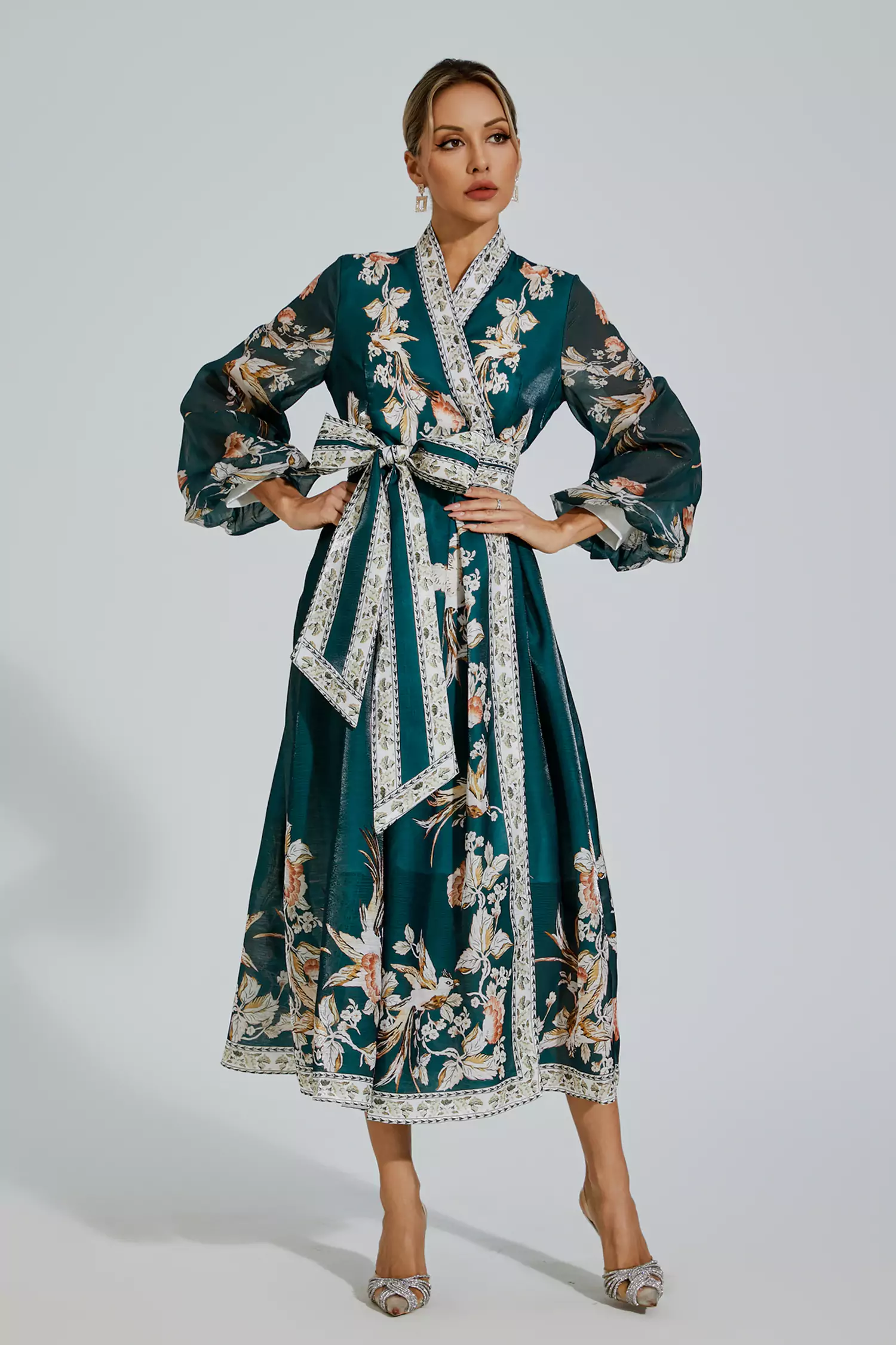 Olga Green Floral Belted Long Sleeve Dress