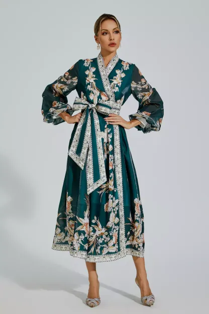 Olga Green Floral Belted Long Sleeve Dress