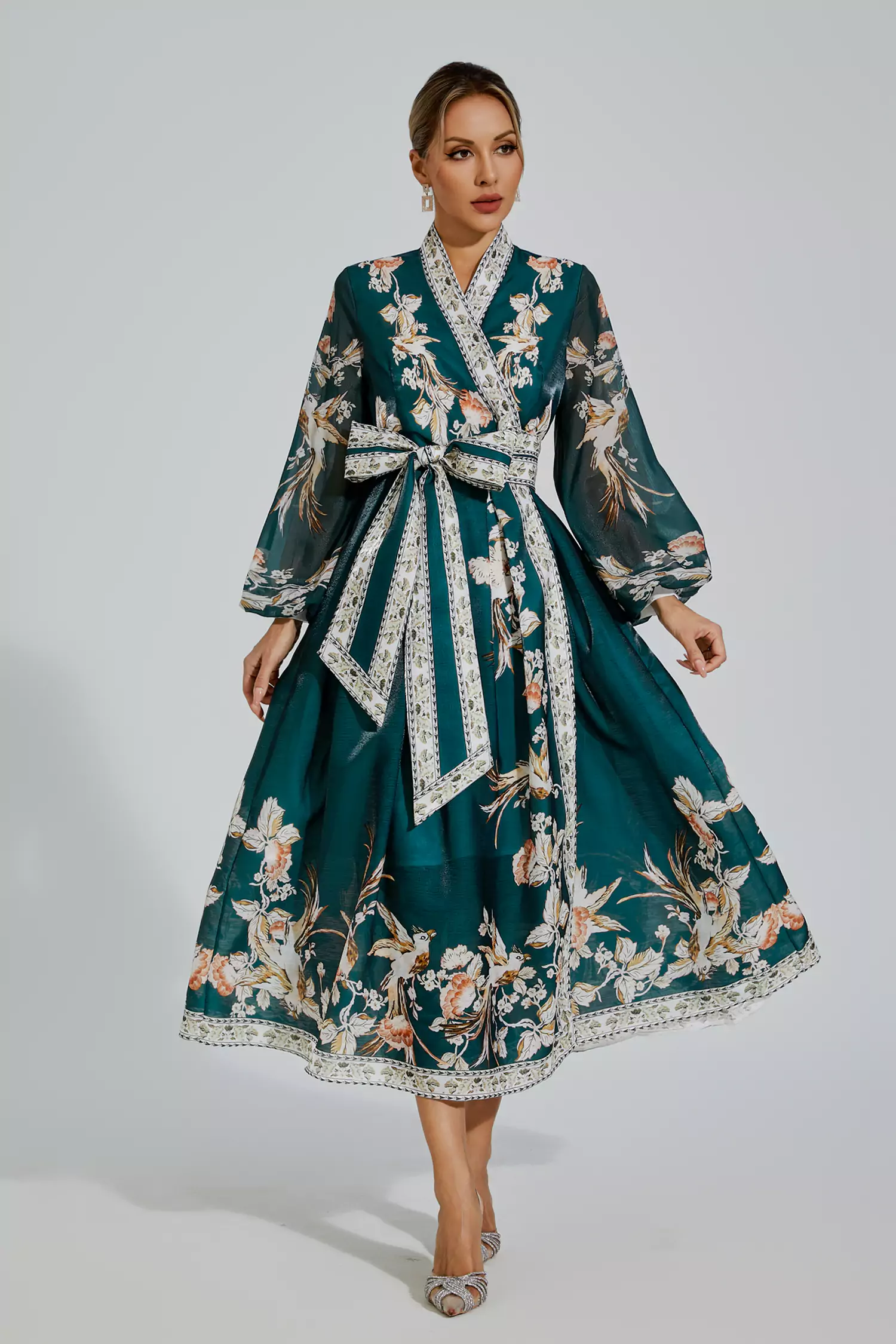 Olga Green Floral Belted Long Sleeve Dress