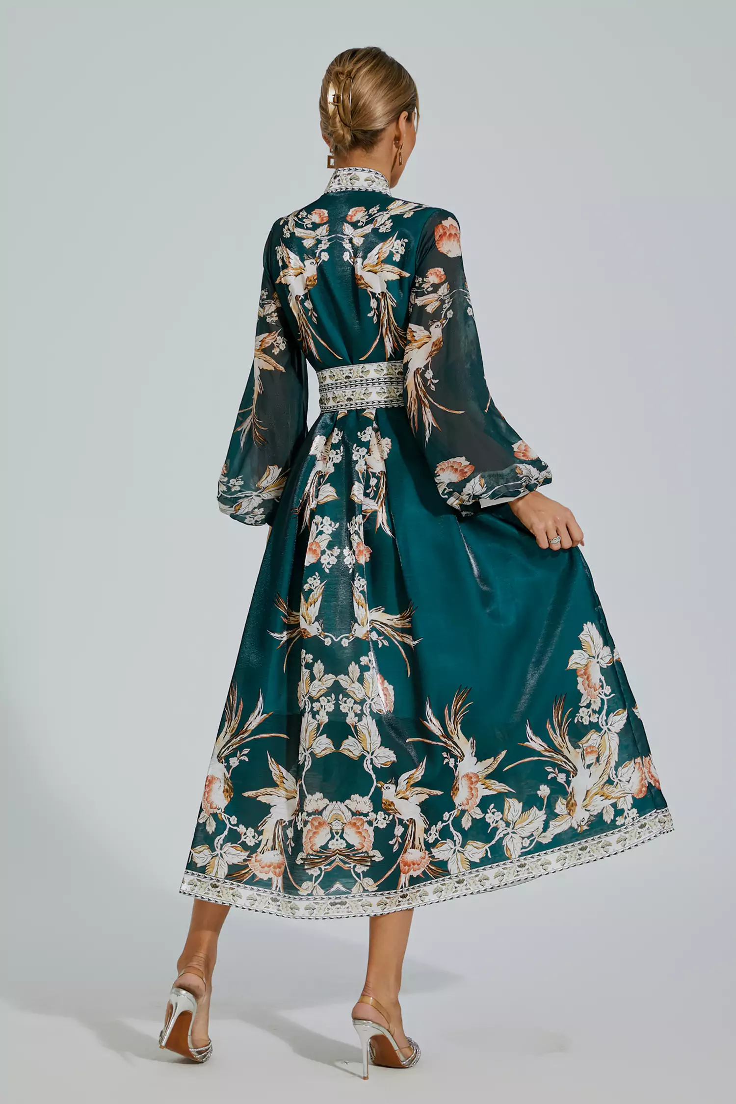 Olga Green Floral Belted Long Sleeve Dress