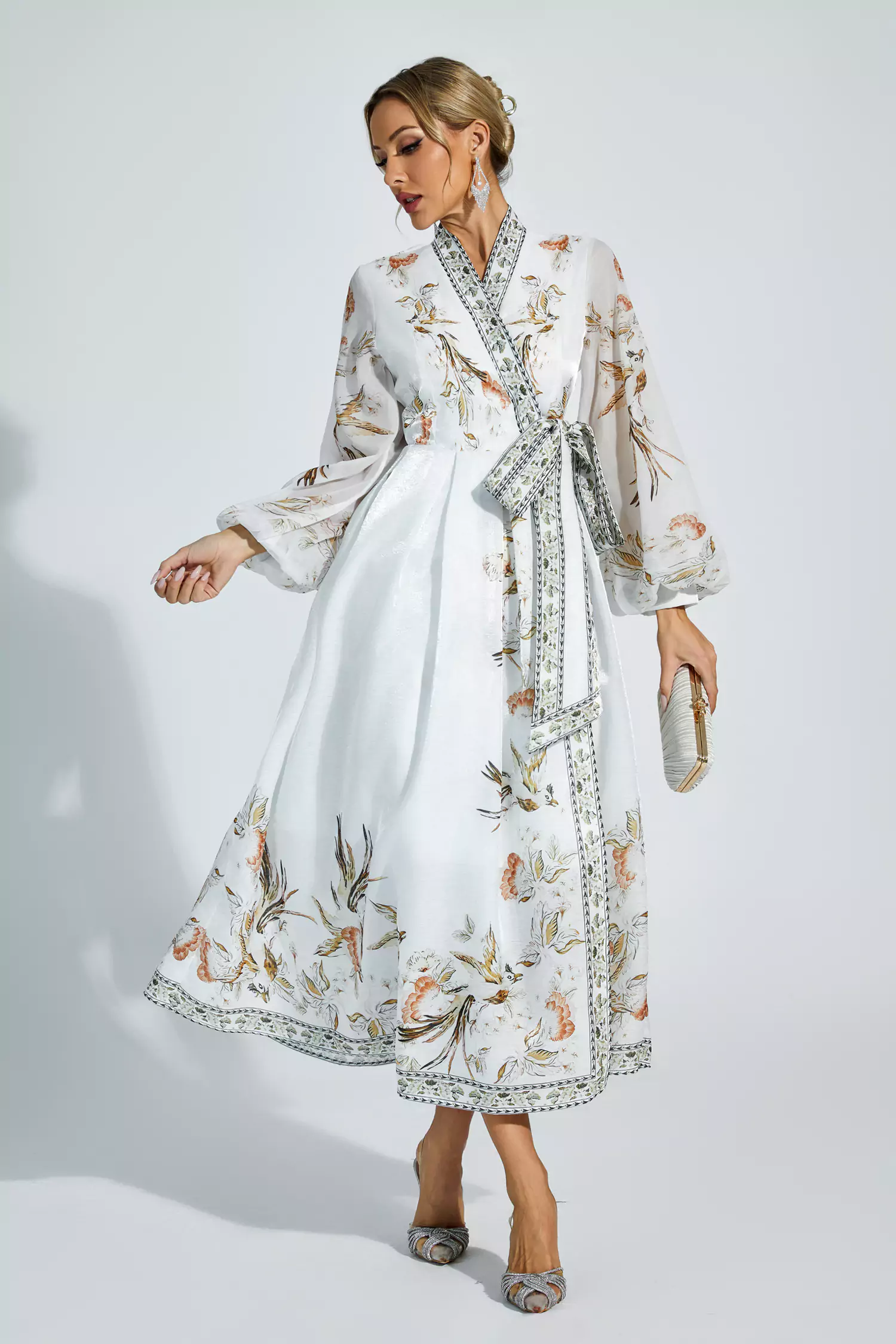 Olga White Floral Belted Long Sleeve Dress