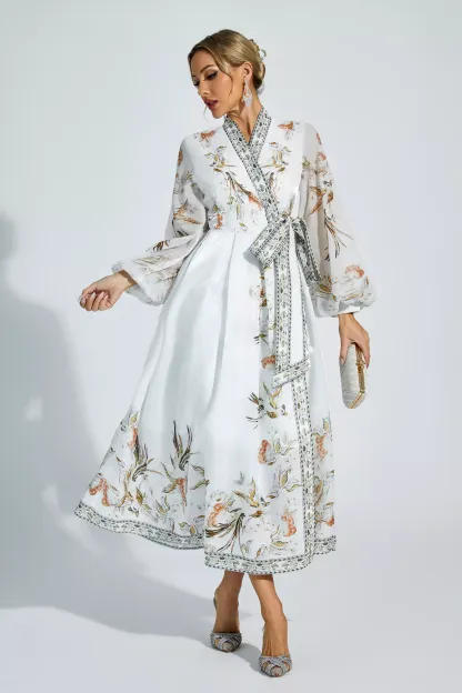 Olga White Floral Belted Long Sleeve Dress