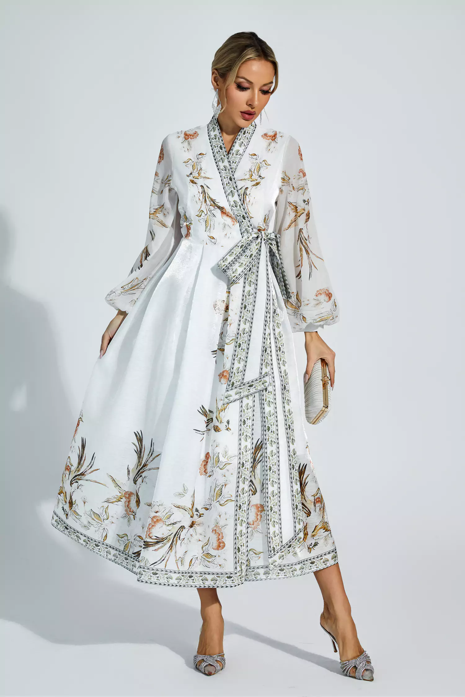 Olga White Floral Belted Long Sleeve Dress