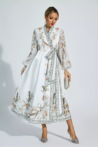 Olga White Floral Belted Long Sleeve Dress
