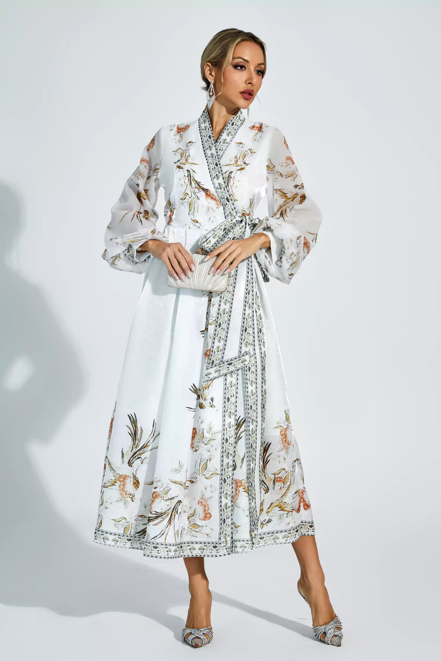 Olga White Floral Belted Long Sleeve Dress