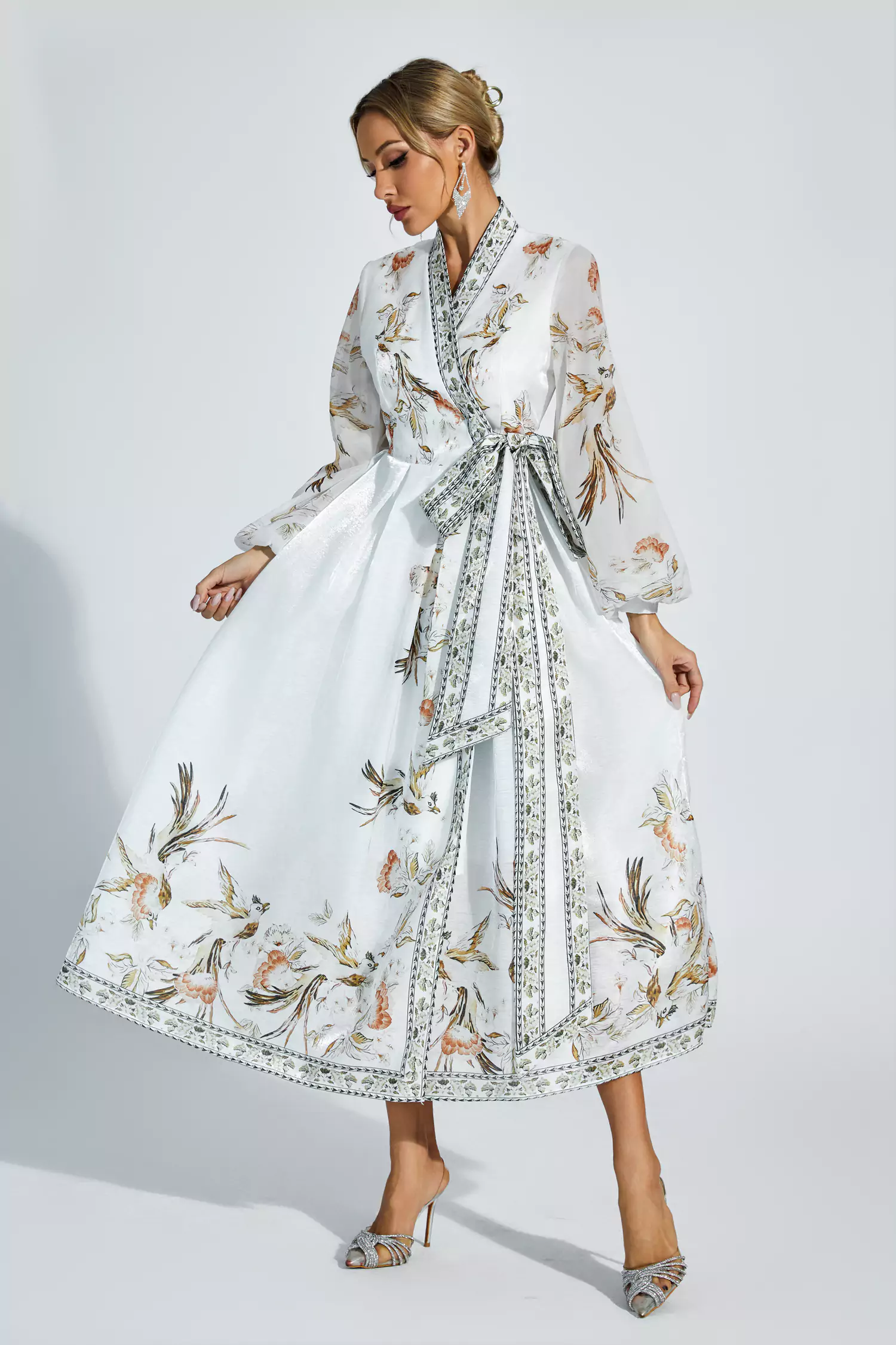 Olga White Floral Belted Long Sleeve Dress