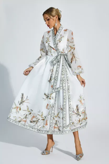 Olga White Floral Belted Long Sleeve Dress