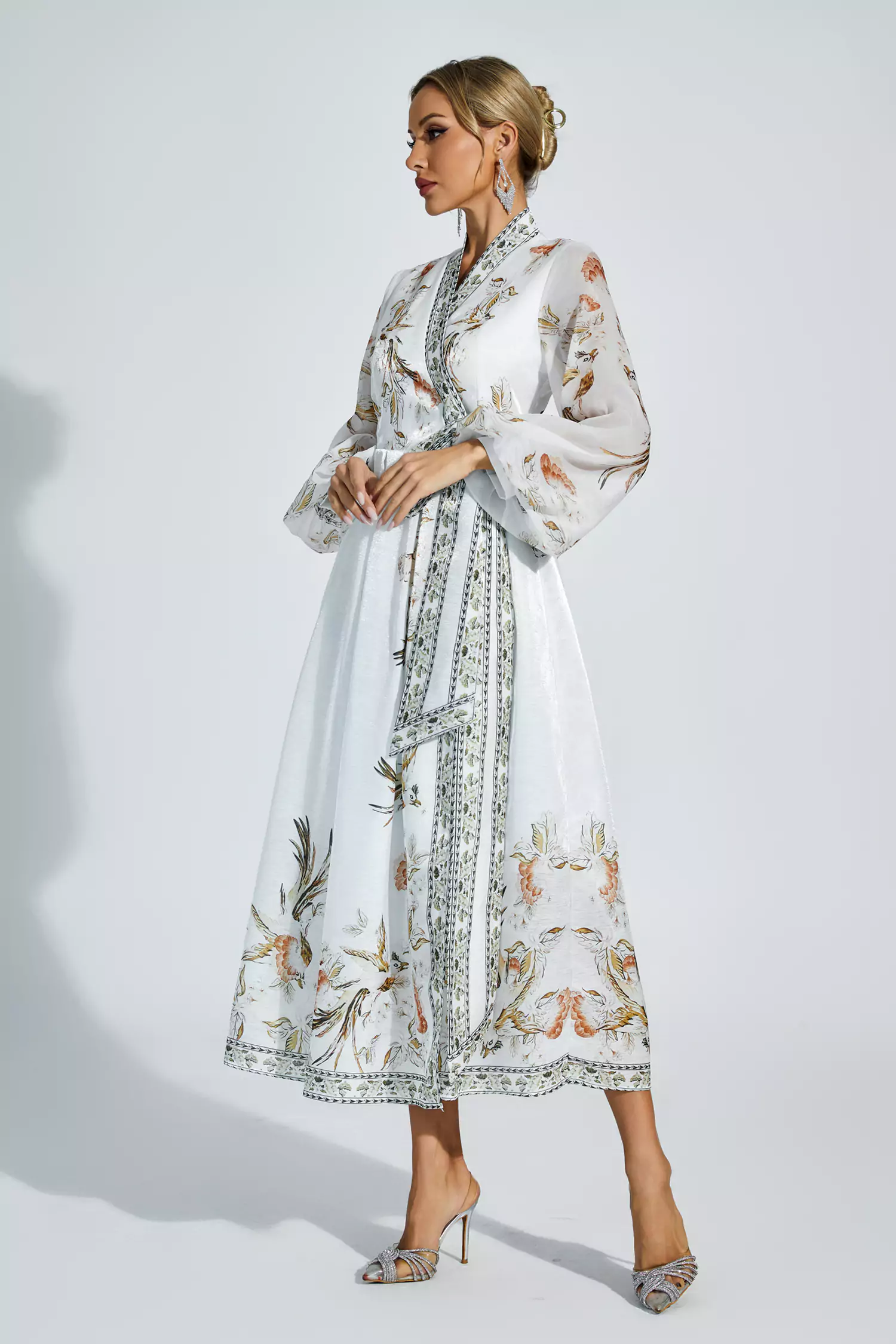 Olga White Floral Belted Long Sleeve Dress