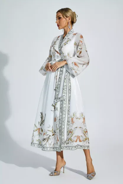 Olga White Floral Belted Long Sleeve Dress