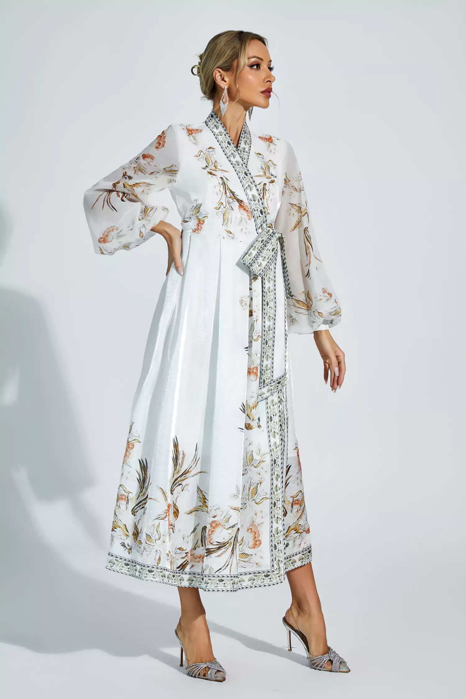 Olga White Floral Belted Long Sleeve Dress