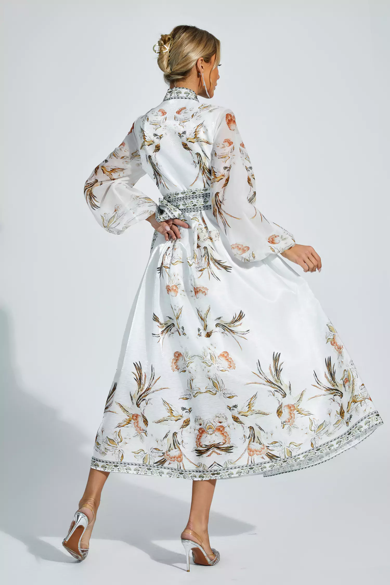Olga White Floral Belted Long Sleeve Dress