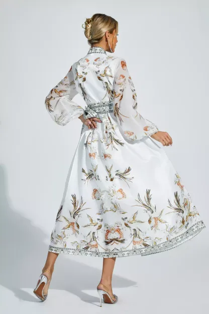 Olga White Floral Belted Long Sleeve Dress