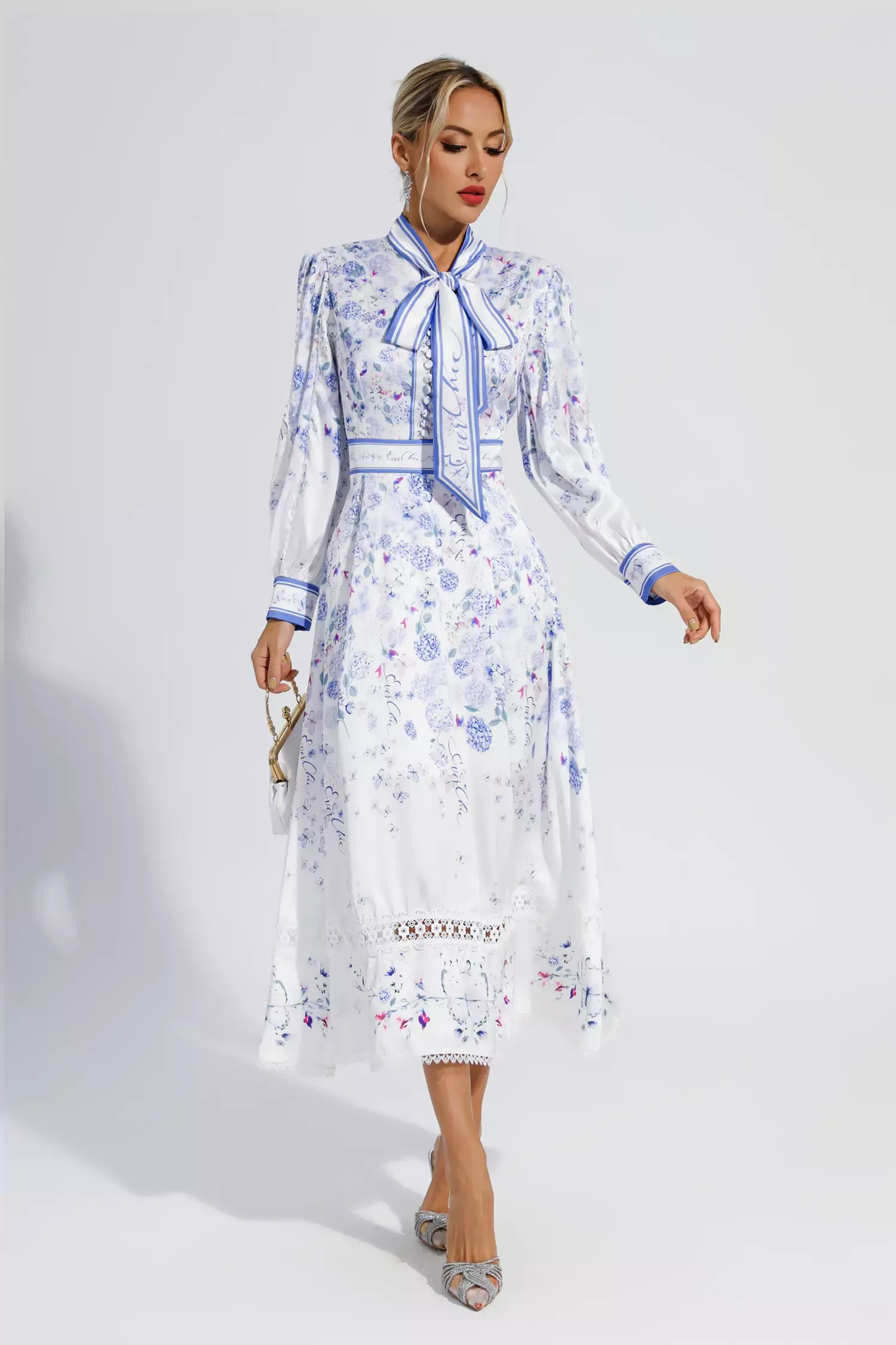 Vogt White Long Sleeve Floral Maxi Dress